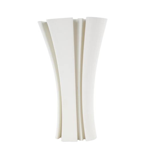 White Ceramic Abstract Ribbed Dimensional Folded Vase with Curvy Rim